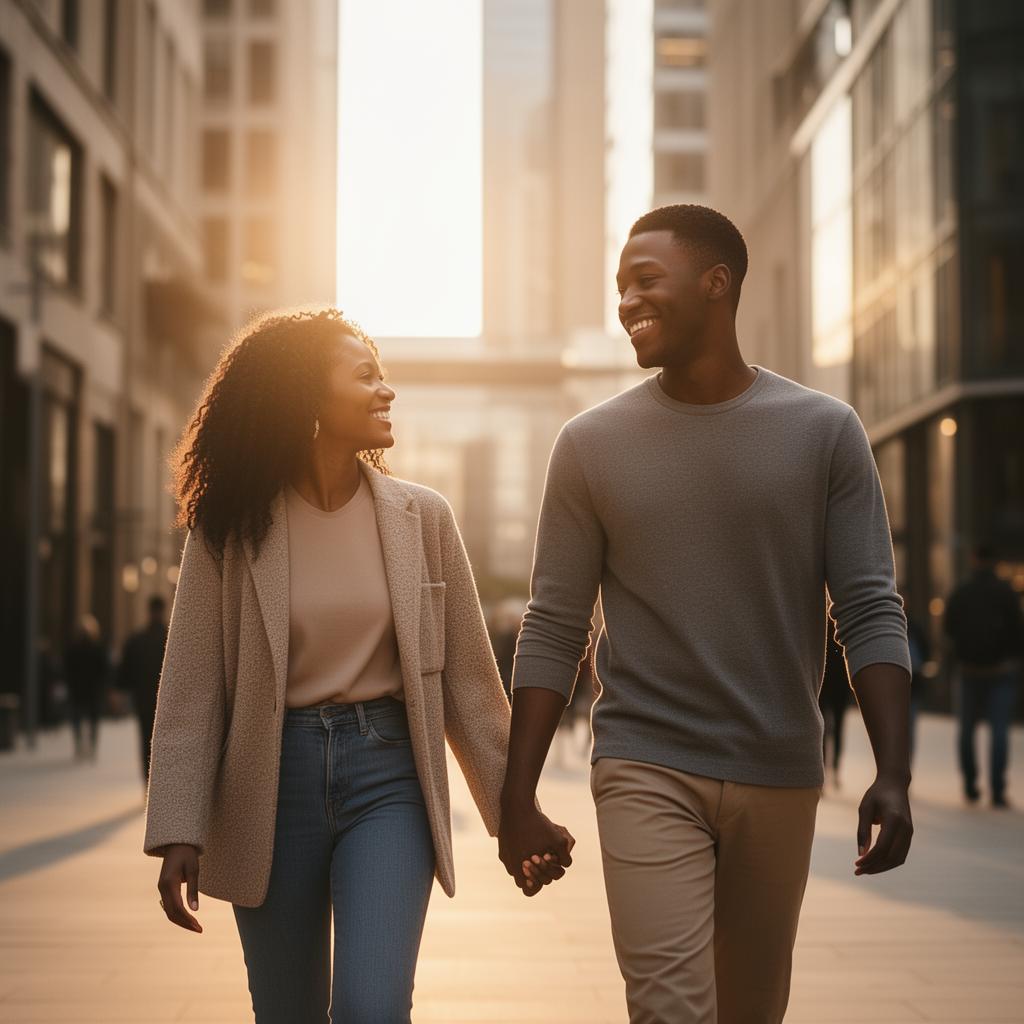 A happy stylish young adult Black couple holding hands and smiling in warm golden city light
